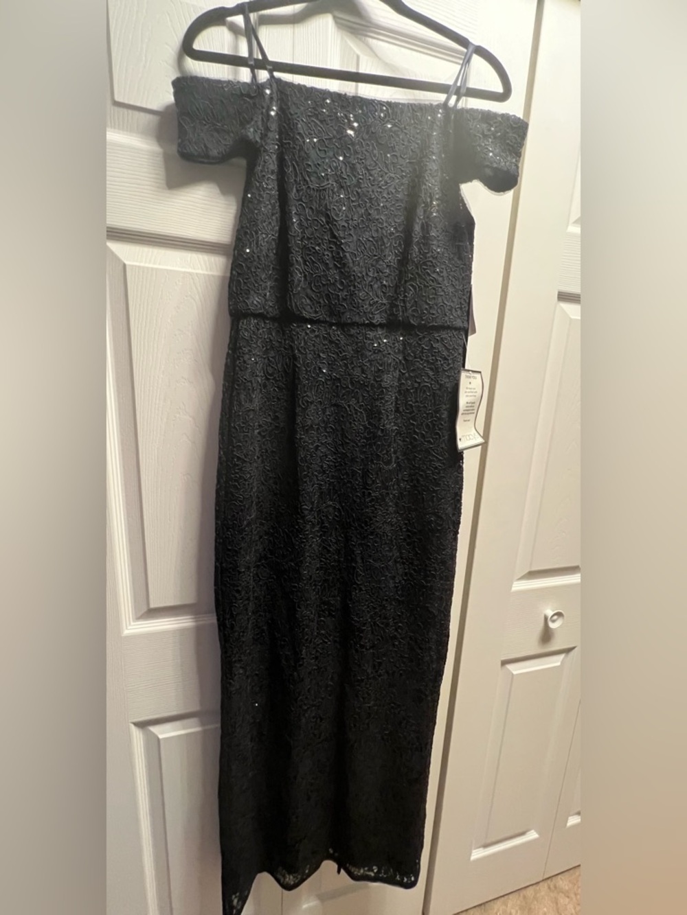 Adrianna Papell Black Off-Shoulder Lace Maxi Dress with Sequin Detail